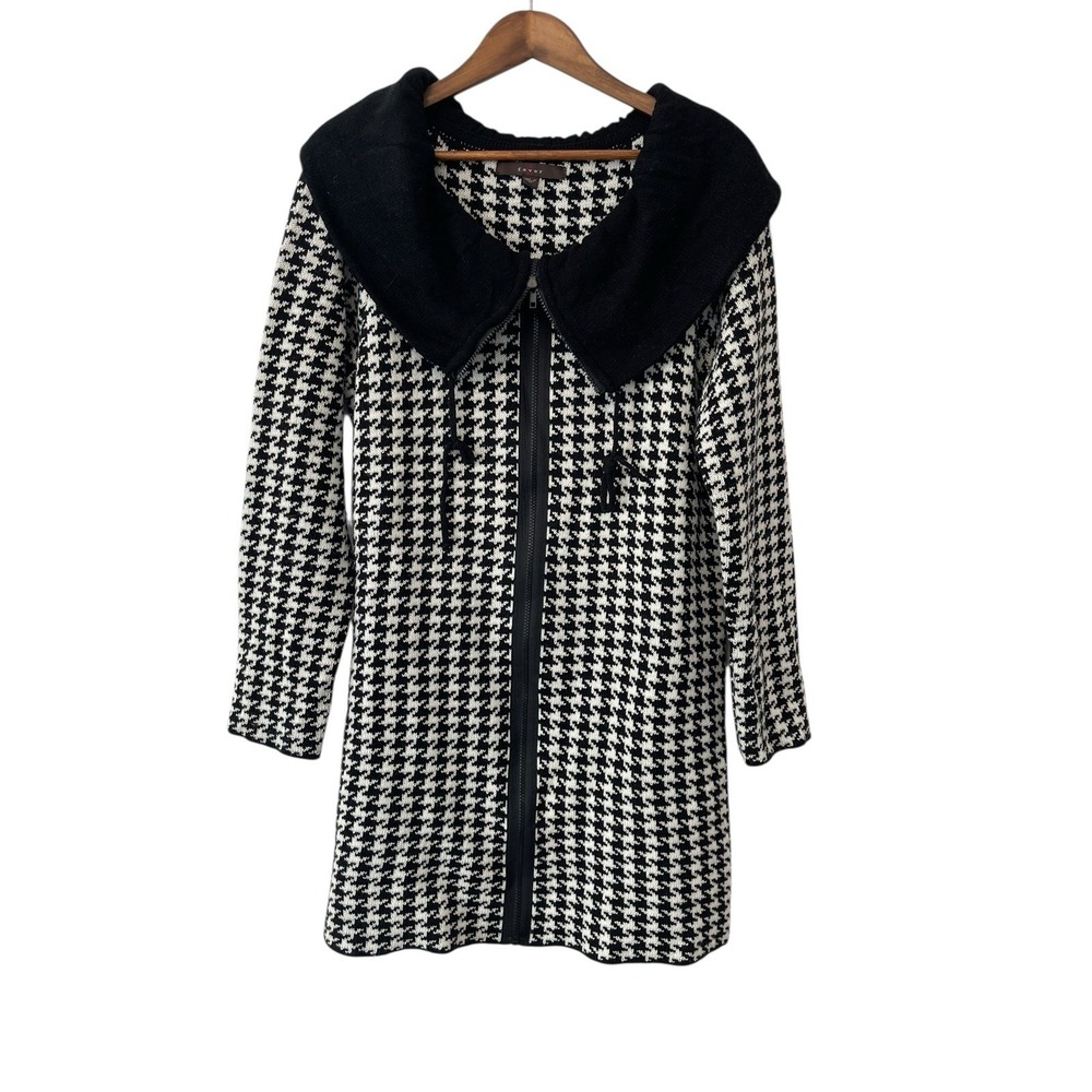 Women's Hounds Tooth Longline Coatagin Cardigan Zip Front Preppy Classic Size XL